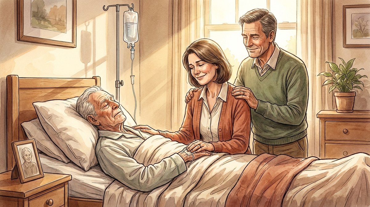 A peaceful family at the bedside of their loved one resting calmly during natural dying with an IV — relief on their faces, the suffering finished