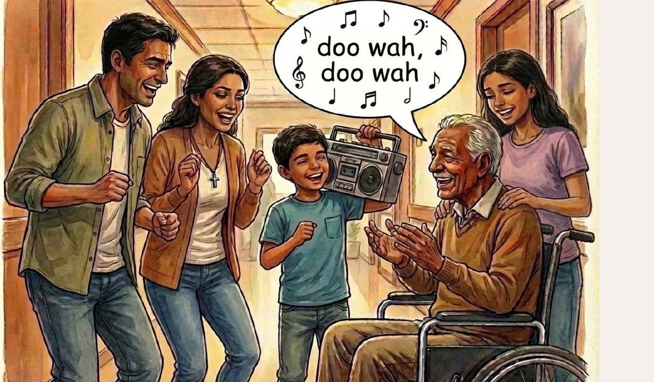 Condition 9: I SING AS THEY DANCE - family dances as grandfather sings doo wah with music notes