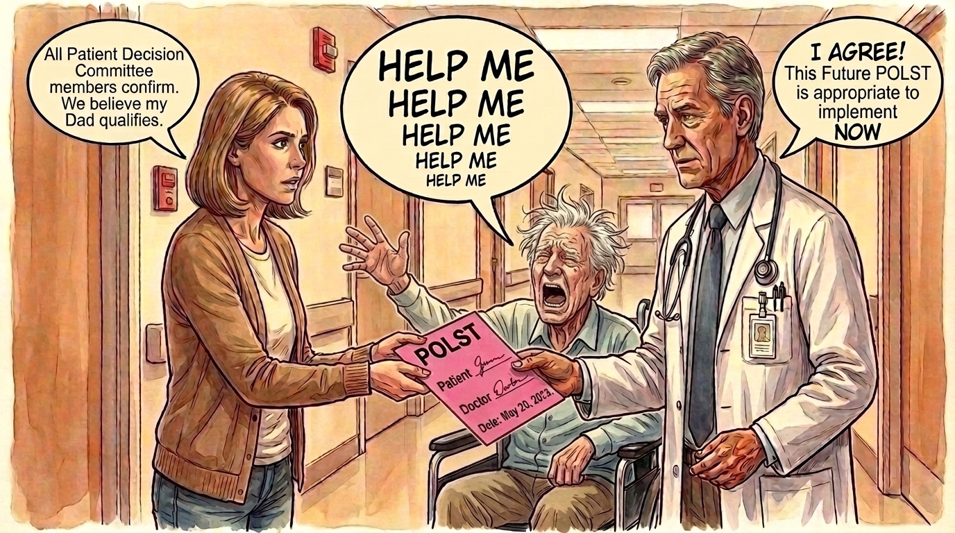 A patient in a wheelchair with his daughter and doctor at the bedside, agreeing to implement his Future POLST.