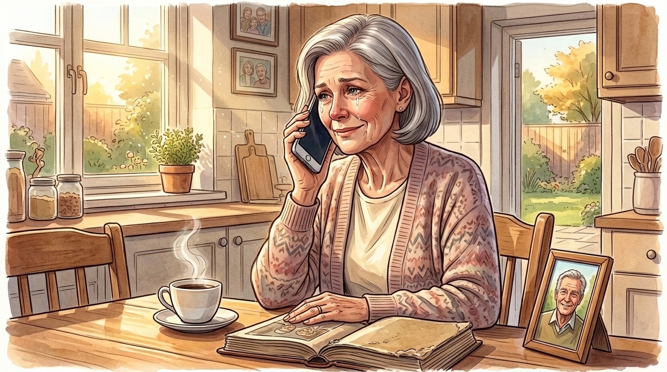 Years later, Harry's widow sits at a sunlit kitchen table holding a smartphone to her ear, smiling through tears as she listens to his recorded voice. A framed photograph of Harry rests on the table beside an open photo album, a coffee cup, and the warm afternoon light coming through the window. His voice continues to comfort her long after the words were lost.