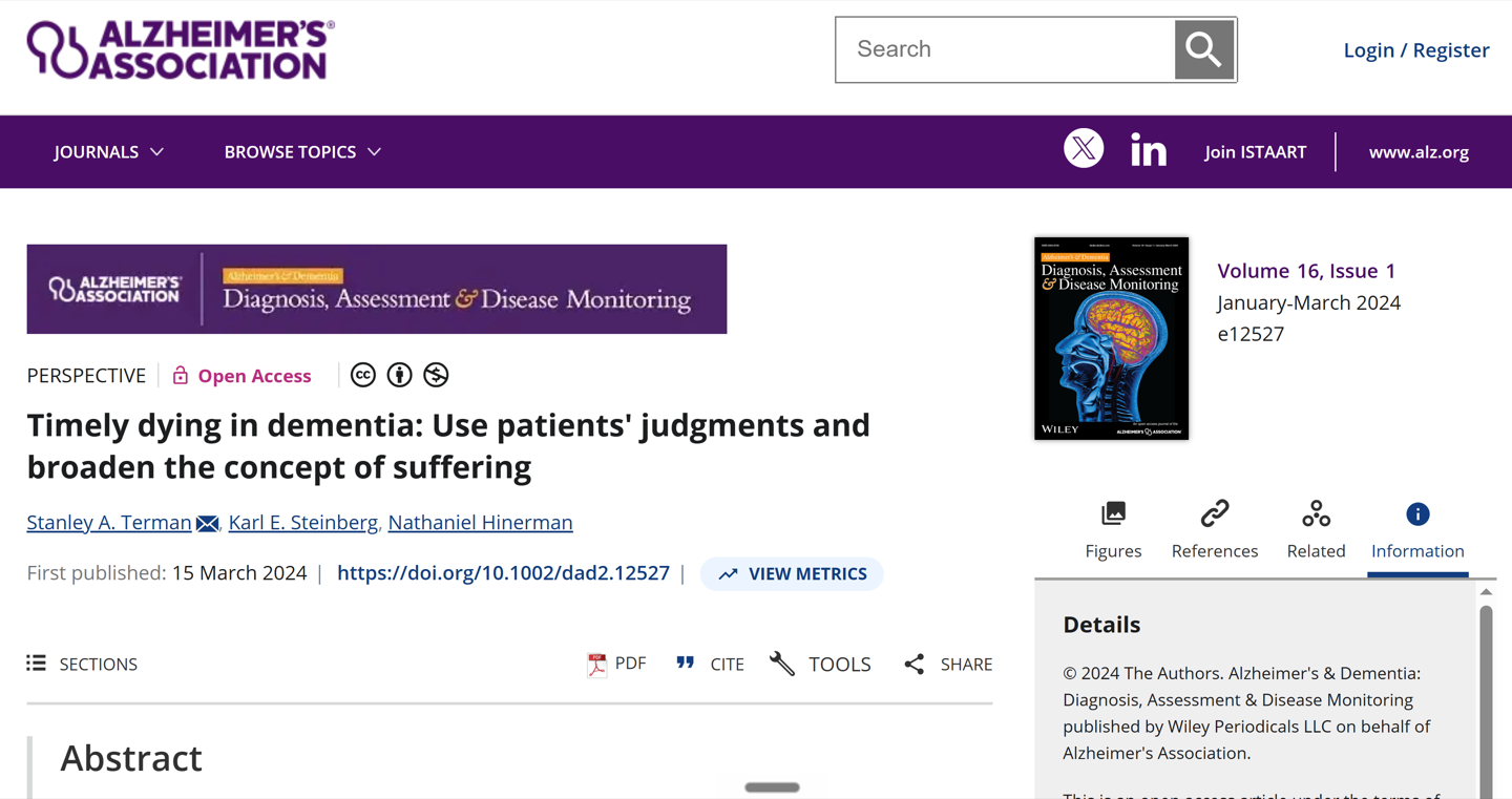 Alzheimer's Association &mdash; Alzheimer's & Dementia journal masthead for the peer-reviewed article 'Timely dying in dementia' (Terman, Steinberg, Hinerman, 2024, DOI 10.1002/dad2.12527)